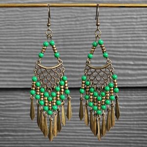 Mira Tribal Earrings Brass Chandelier Beaded Vintage Boheme